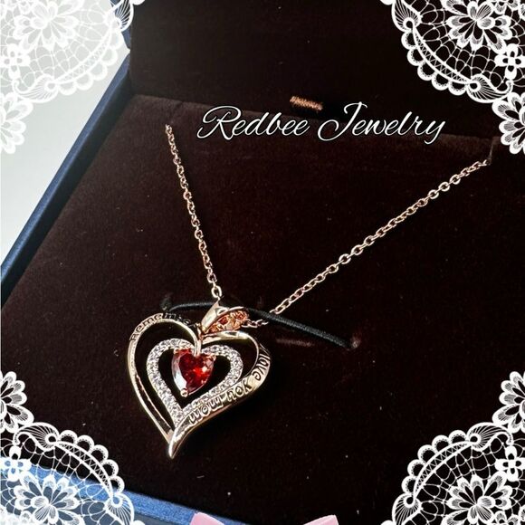 NIB Redbee 18kt GP, Rose gold over s925, "Garnet" CZ in heart necklace! - Picture 1 of 15